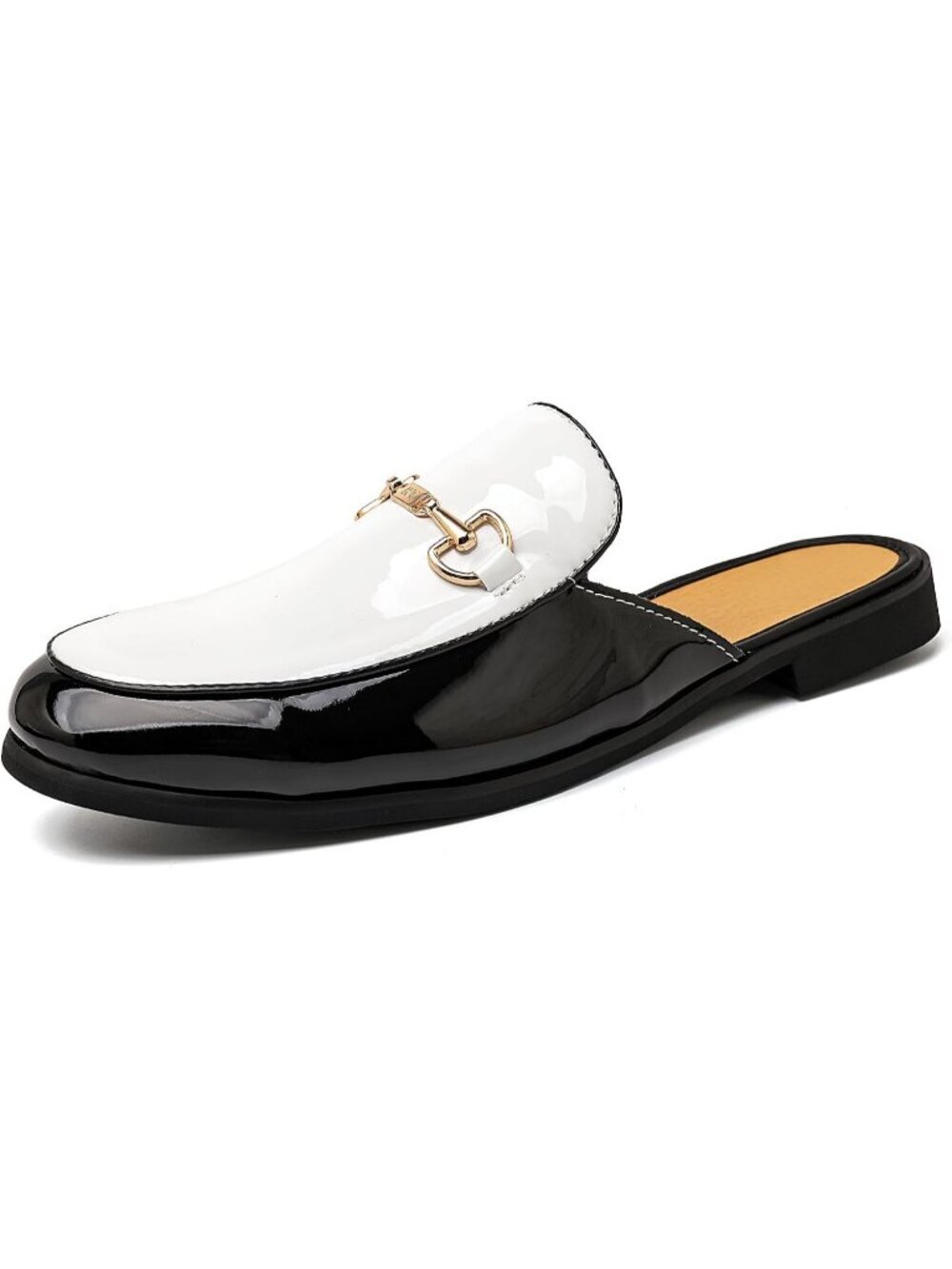 Men's White Rubber Velvet Patent Leather Gold Buckle Slip On Loafer Slippers